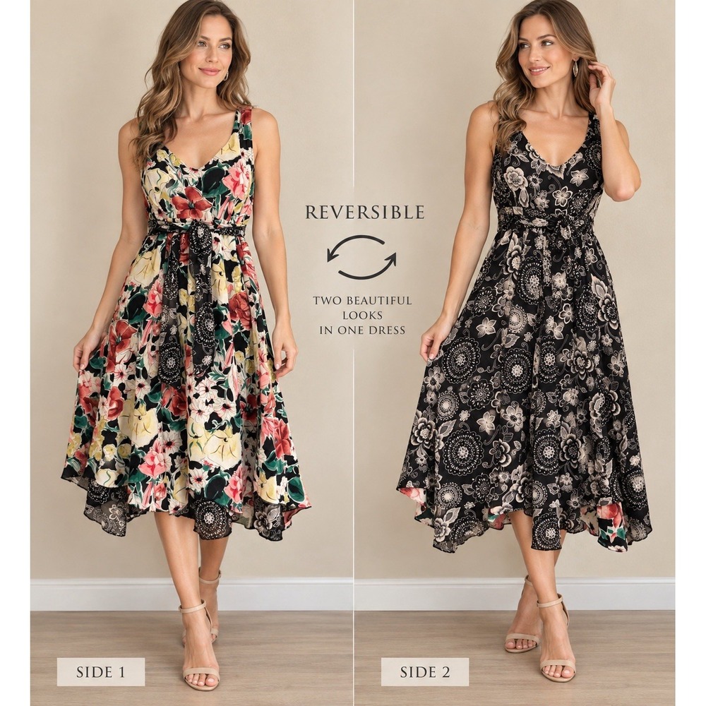 Cabi Reversible Dress Sz M Sleeveless Retro Floral to Black Print Flirty Fairy